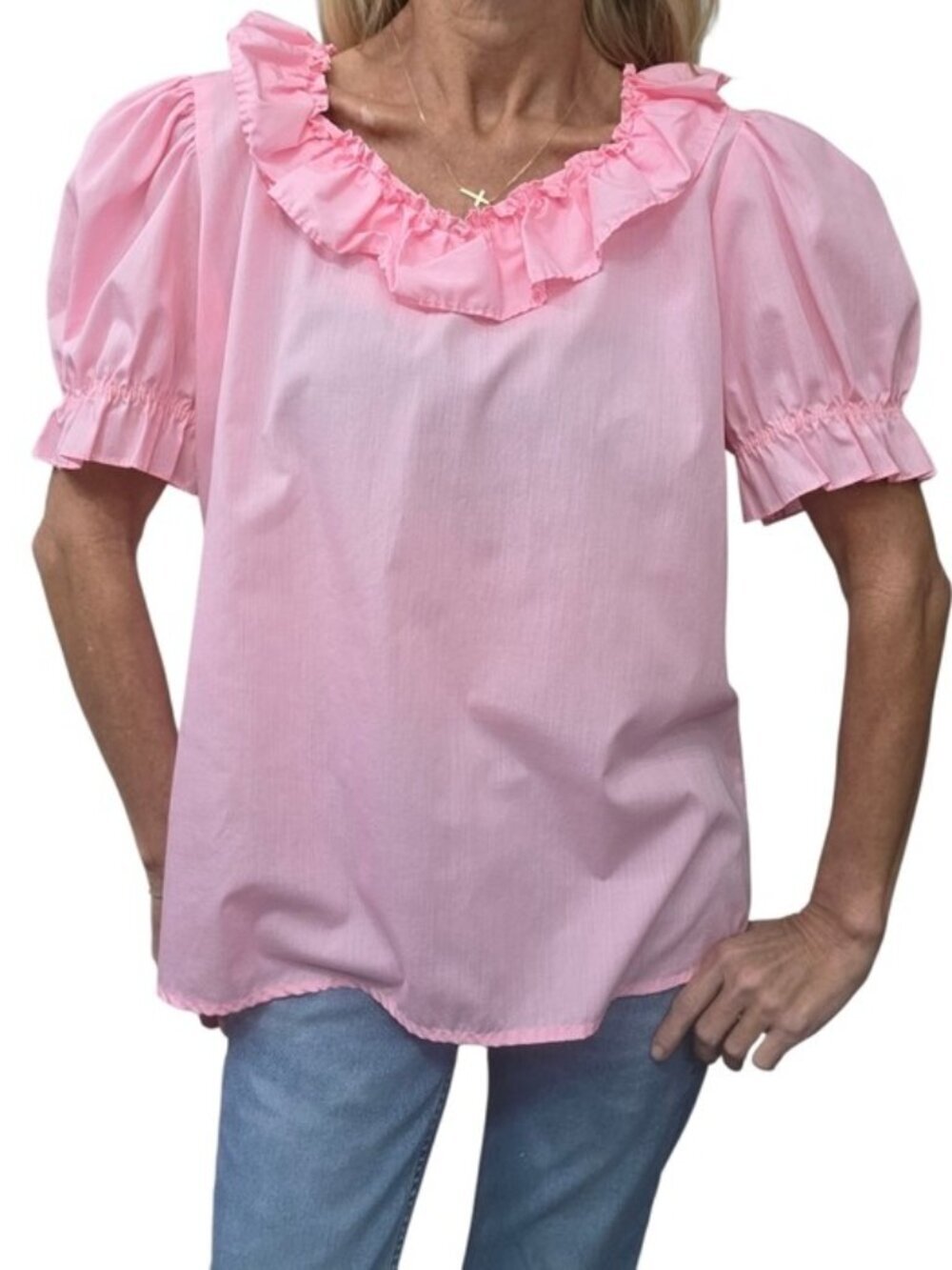 Vintage 70s 80s Pink Ruffle Puff Sleeve Blouse Prairie Coquette Top L